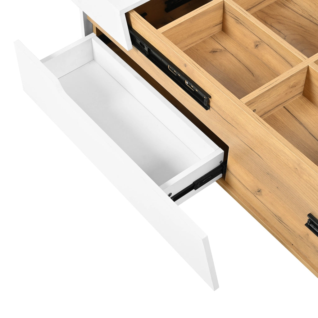 TAVOLINO DA SALOTTO Scorrevole 120x50x37,5 cm MDF Bianco e Naturale con 2 Cassetti