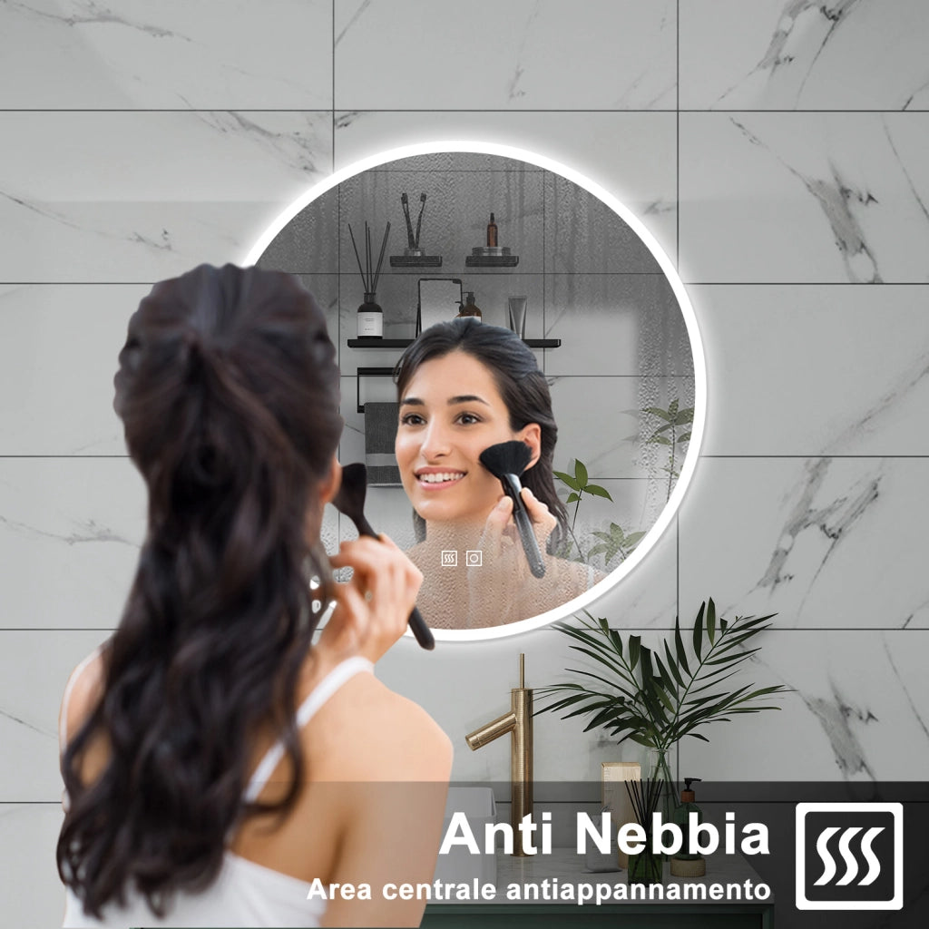 AICA Specchio da bagno 70 x 70 cm, 3 colori, antiappannamento, dimmerabile, interruttore touch, Funzione Memoria
