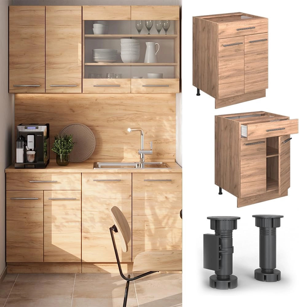 Mobiletto base per cucina Fame-Line, Quercia dorata, 60 cm con cassetto, senza piano di lavoro