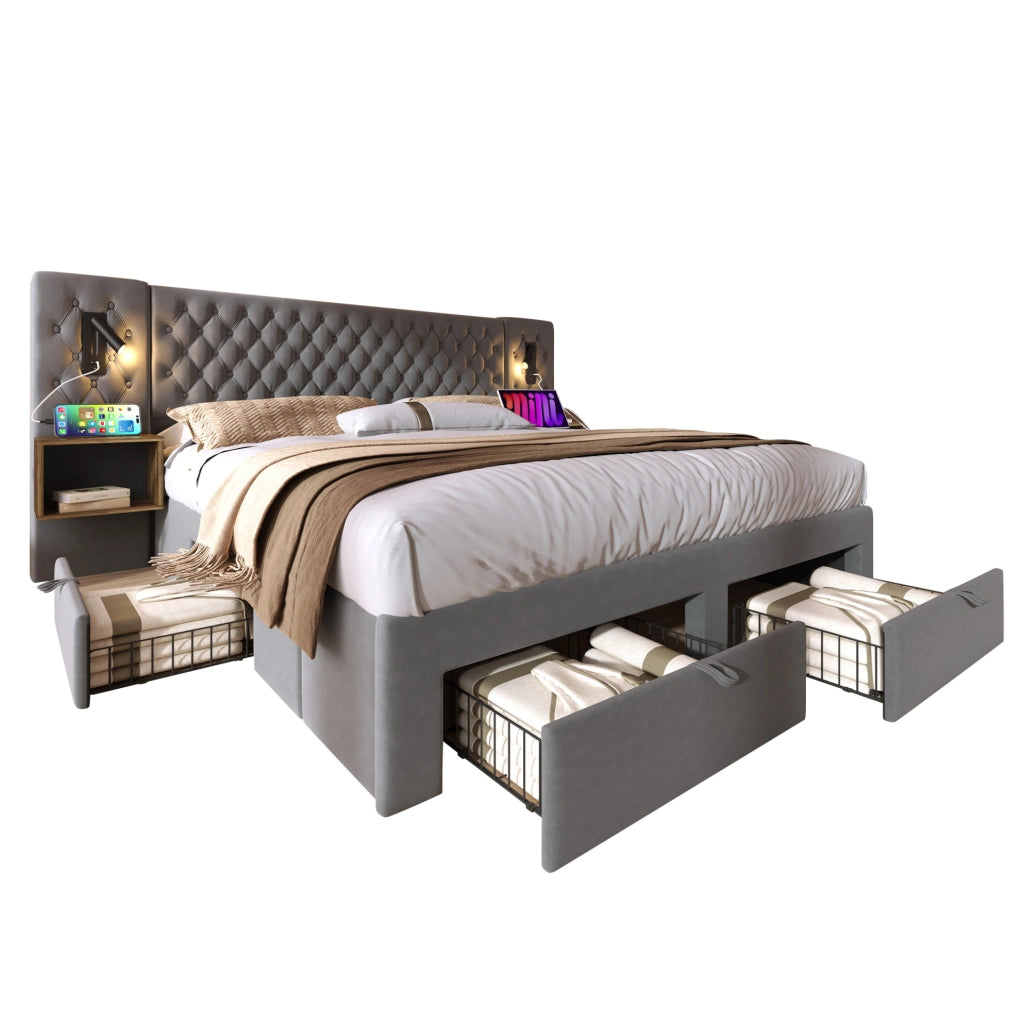 Letto 160x200 cm con 2 comodini; 4 cassetti e USB; velluto grigio