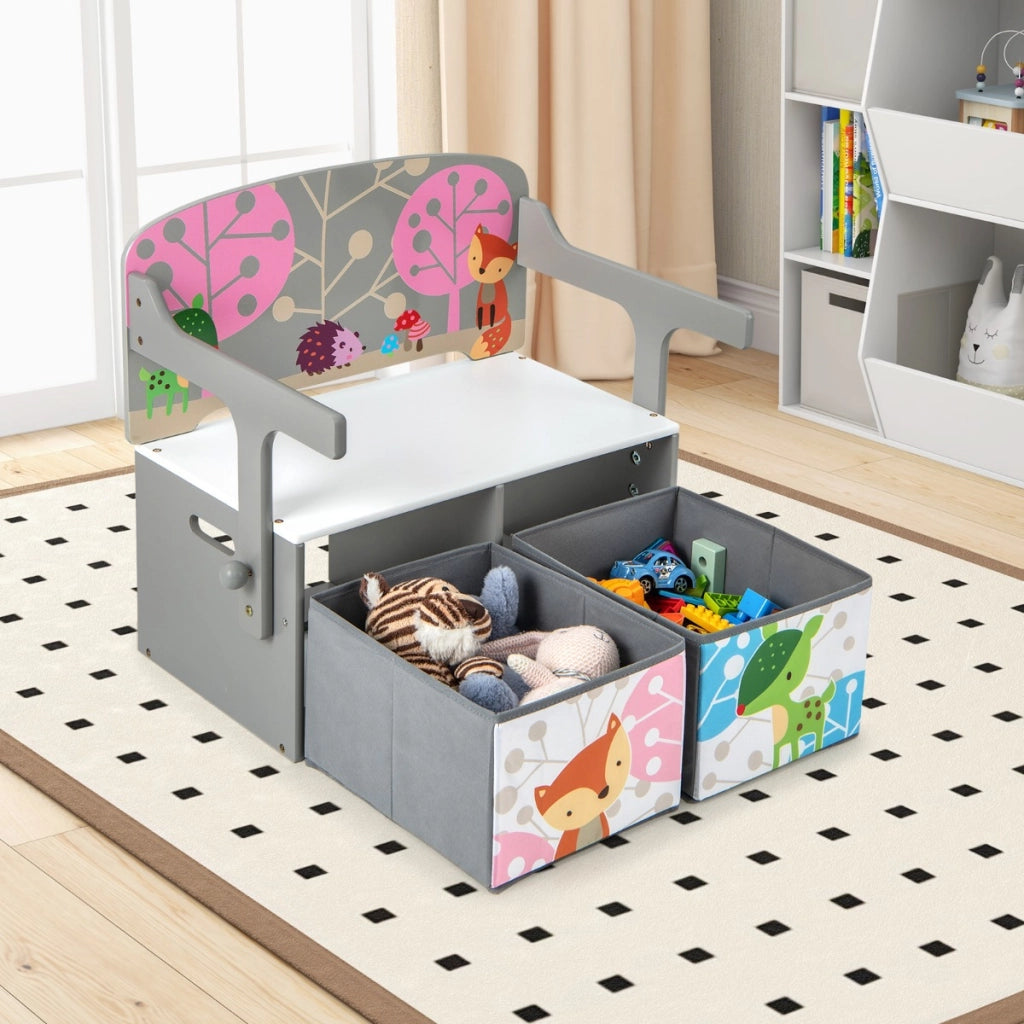 Panchina attivit¨¤ convertibile per bambini, Set tavolo e sedie per bambini con 2 cassetti in tessuto rimovibili Grigio