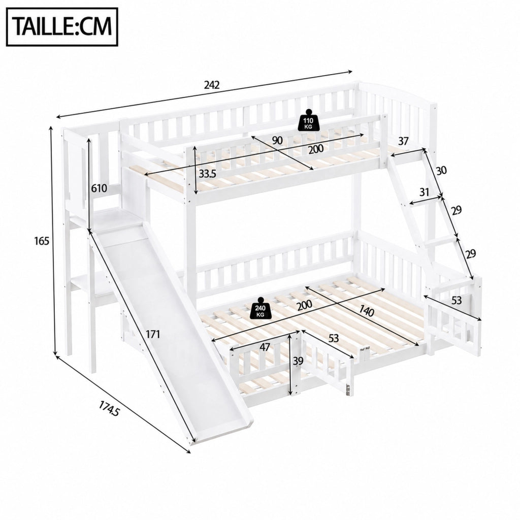 DESMIU Letto a castello per bambino 140 × 200 cm con scivolo, scala, ripiani, senza materasso, bianco