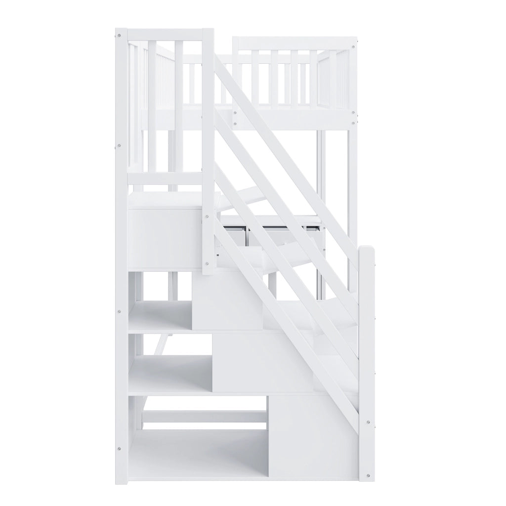 Letto a soppalco 90x200 cm con tavolo multifunzione e scala contenitore; in legno bianco
