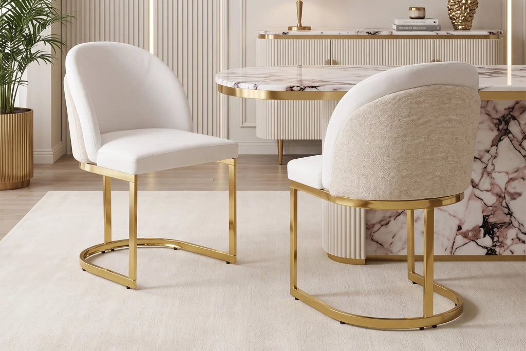 2 sedie da pranzo in Chenille beige e oro, schienale doppio, gambe in metallo galvanizzato, design moderno