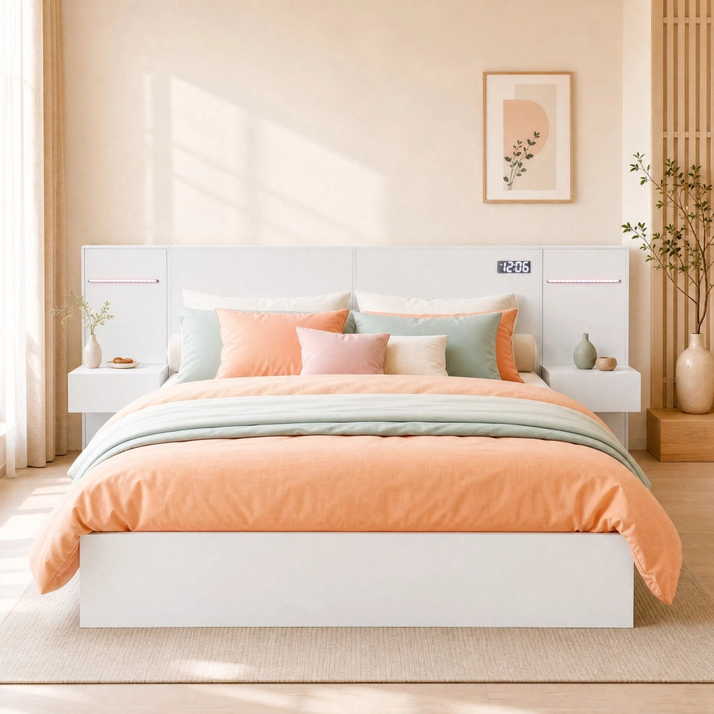 Letto matrimoniale 160x200 cm in MDF con Bluetooth, USB-A/USB-C, orologio elettronico e luci RGB