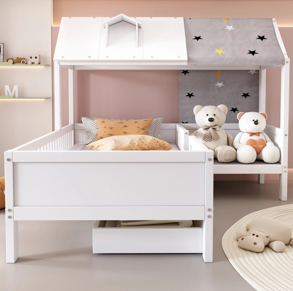 Letto per bambini a casetta 90x200 cm con cassetti in legno massello e MDF bianco