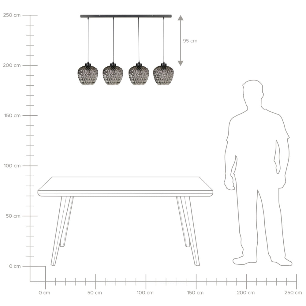 Lampada a sospensione con paralumi in vetro grigio fumé, struttura in ferro, 4 luci, design moderno, accessorio per la casa adatto al soggiorno.