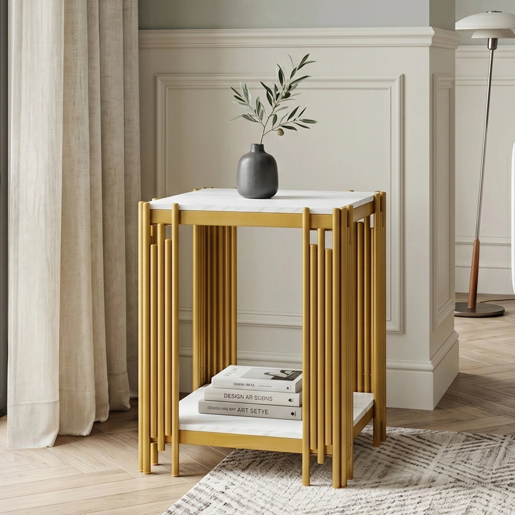 Comodino con 2 ripiani in MDF e metallo effetto marmo bianco e oro per camera da letto e soggiorno 43 × 40 × 55 cm
