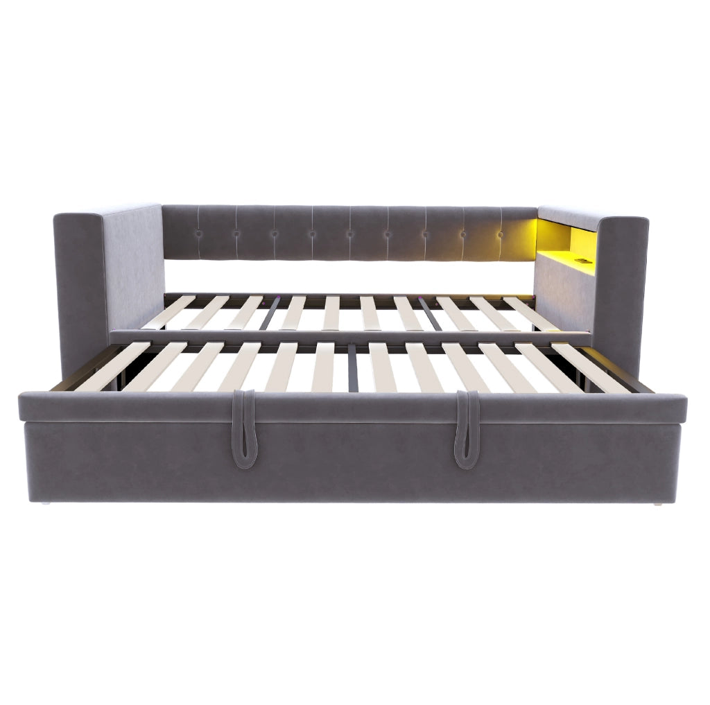 Divano letto multifunzionale 90/180x190 cm con LED, presa integrata e contenitori