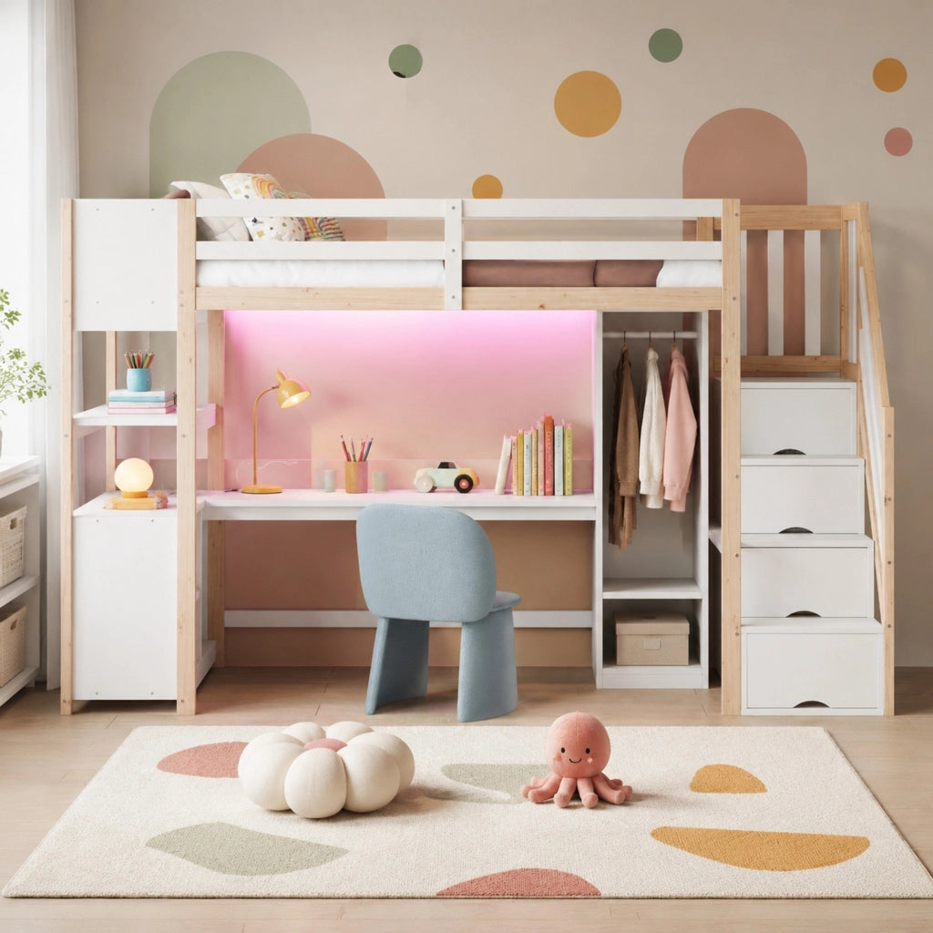 Letto a soppalco 90x200 cm con scrivania, armadio e LED