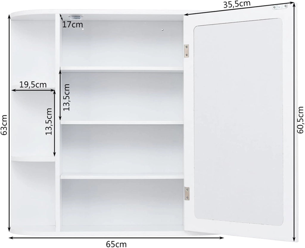 Mobile da Bagno 66 x 17 x 63cm, Armadietto da parete con Specchio, Ante e Mensola Regolabile, Armadietto Moderno e Multiuso, Bianco