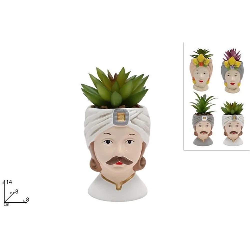 Trade Shop - Set 12pz Vaso Di Fiori Forma Di Testa Moro Statuetta Decorativa Pianta Grassa 14 Cm 660553 -