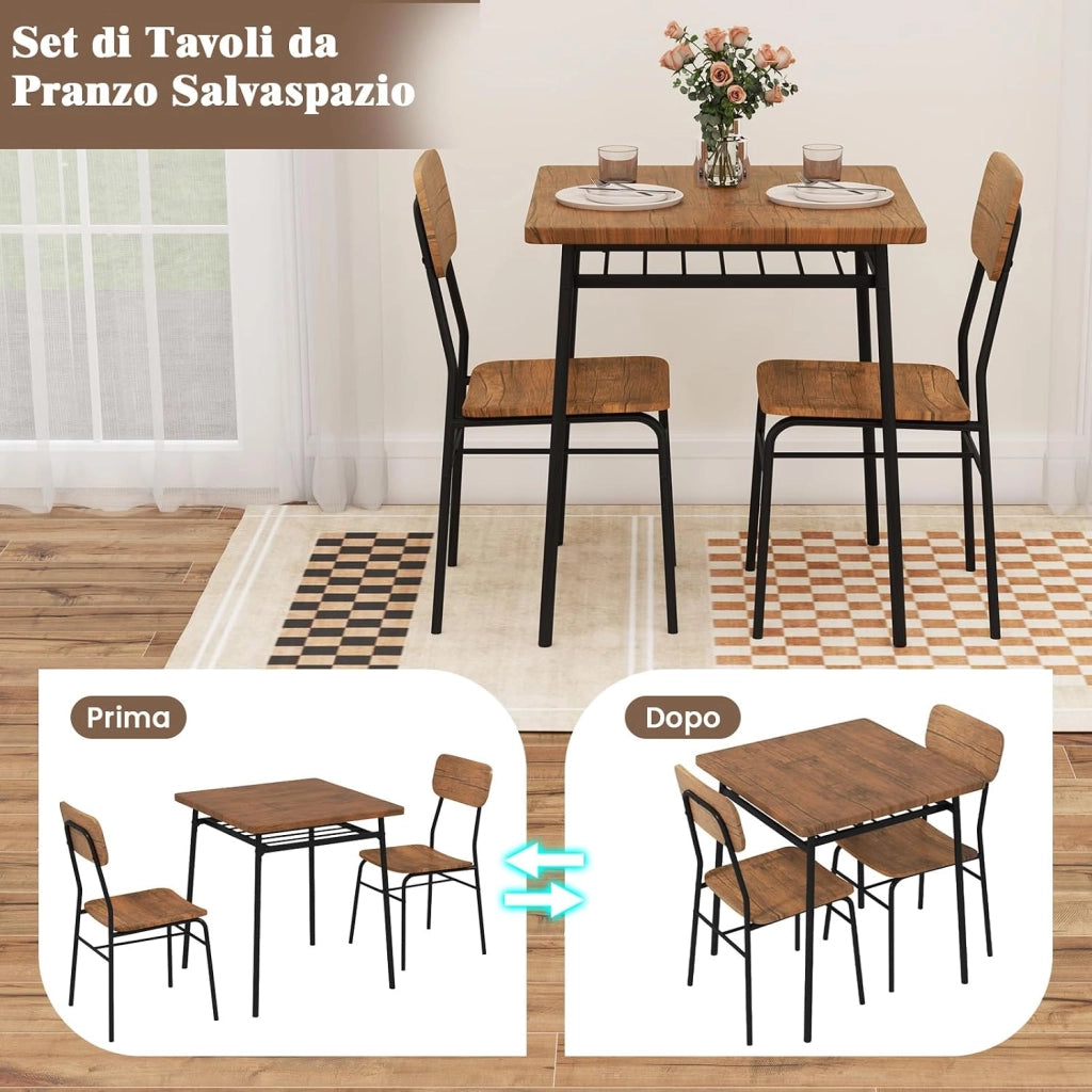 Set Mobili da Bar Tavolo e 2 Sedie, Tavolino Quadrato con Scaffale di Stoccaggio, Tavolo Birreria con 2 Seide per Balcone, Sala da Pranzo, Cucina e Ristorante (Marrone)