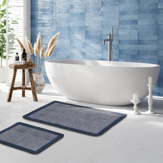Set di due asciugamani da bagno a strisce nere e bianche - moderni, antiscivolo e assorbenti (Barley Black, 60 x 100 cm - 50 x 60 cm)