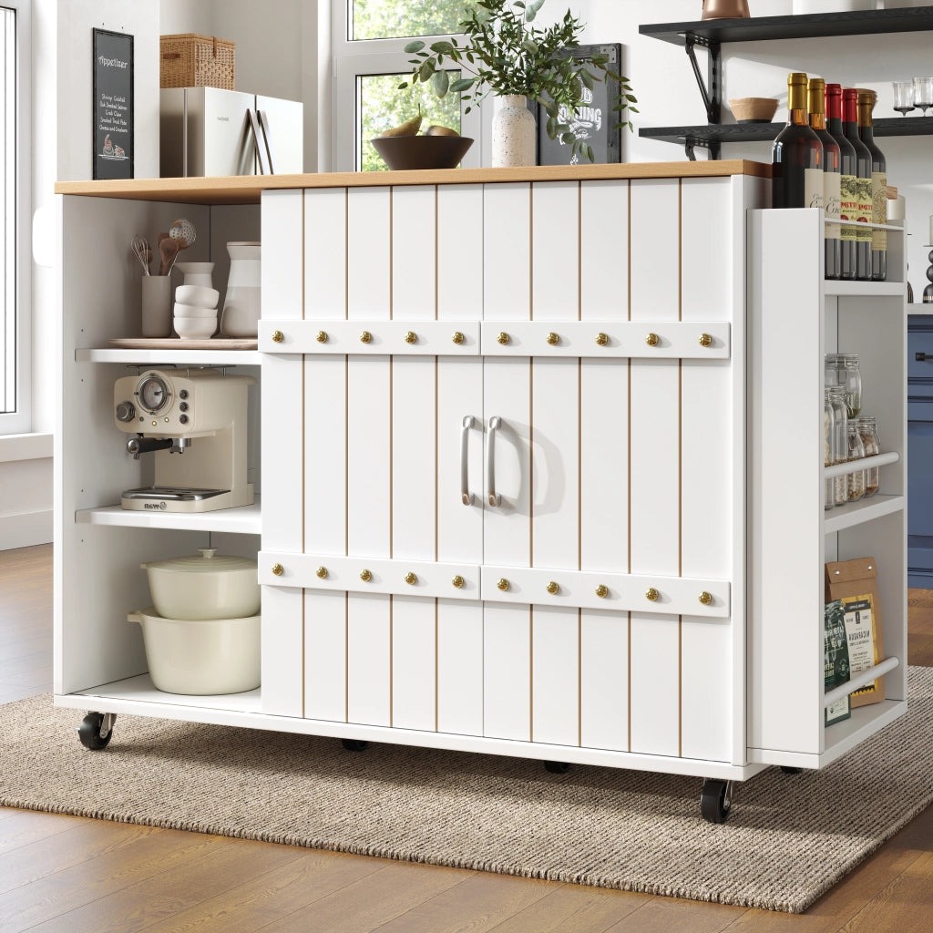 Carrello da Cucina con 2 Ante Scorrevoli; 3 Cassetti; Ripiano Laterale; Piano Ribaltabile e Ruote; in MDF; 110x42x90 cm; Bianco