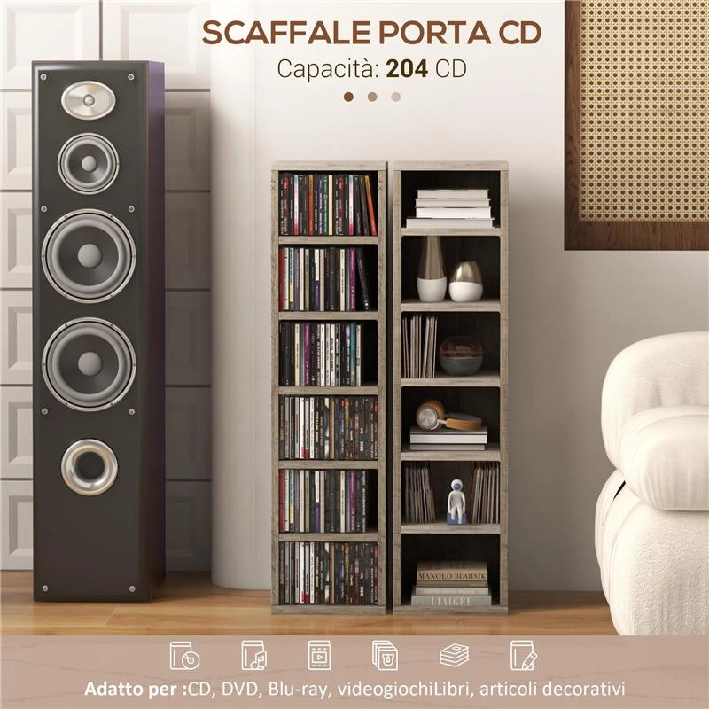 SET DI 2 SCAFFALI PORTA CD CON MENSOLE REGOLABILI PER 204 CD 21X22.5X88.5 CM GRIGIO