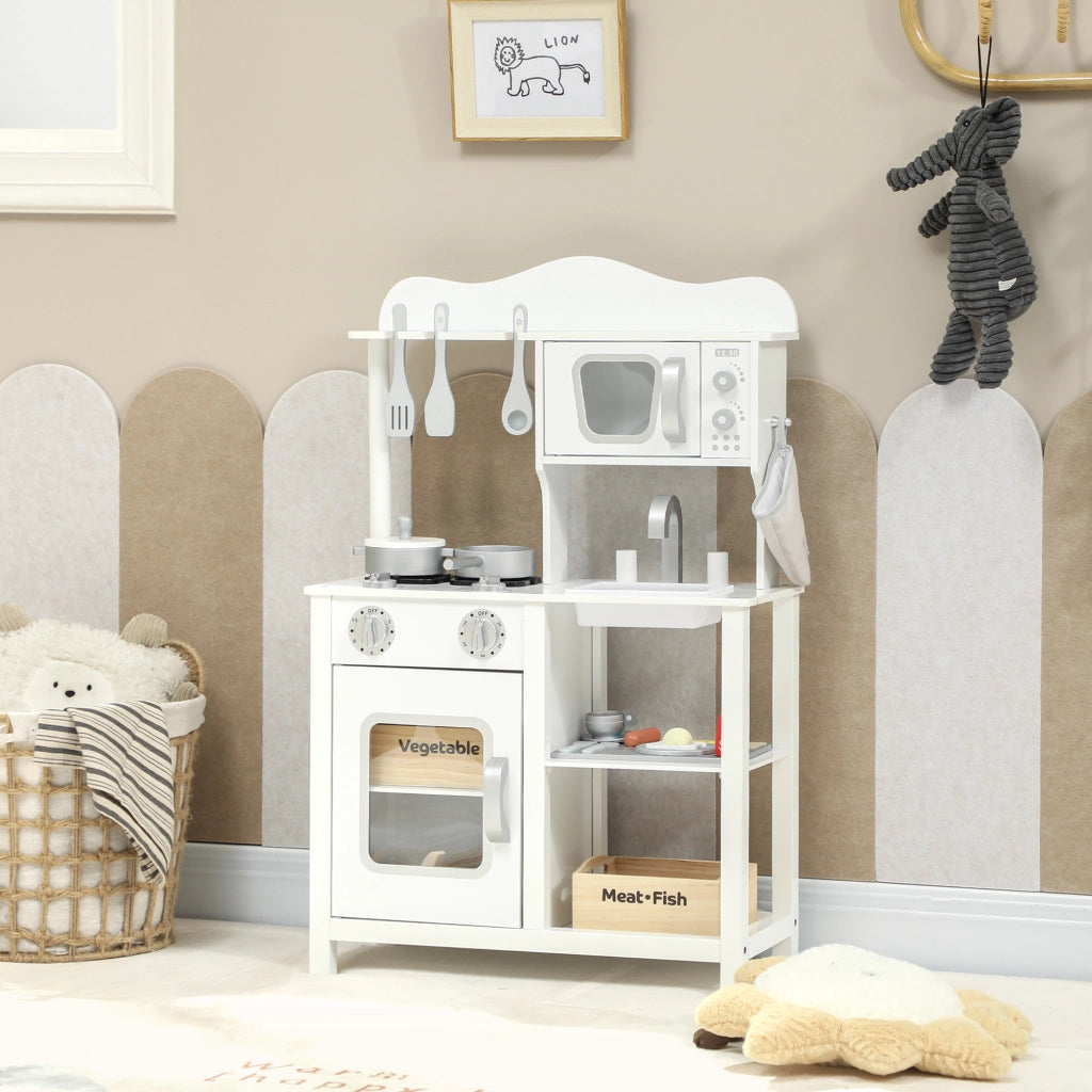 Cucina Giocattolo in Legno con Accessori Lavello Microonde per Bambini 3 Anni ¨C Minimal ¨C Bianco