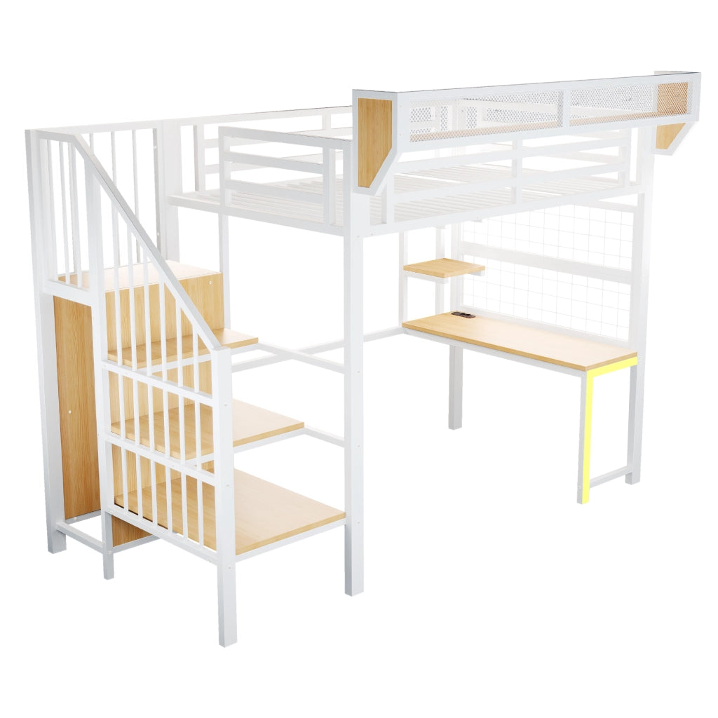 Letto a Soppalco con Scrivania, Scaletta di Sicurezza e LED ¨C MINIMAL ¨C Metallo Bianco 90x200