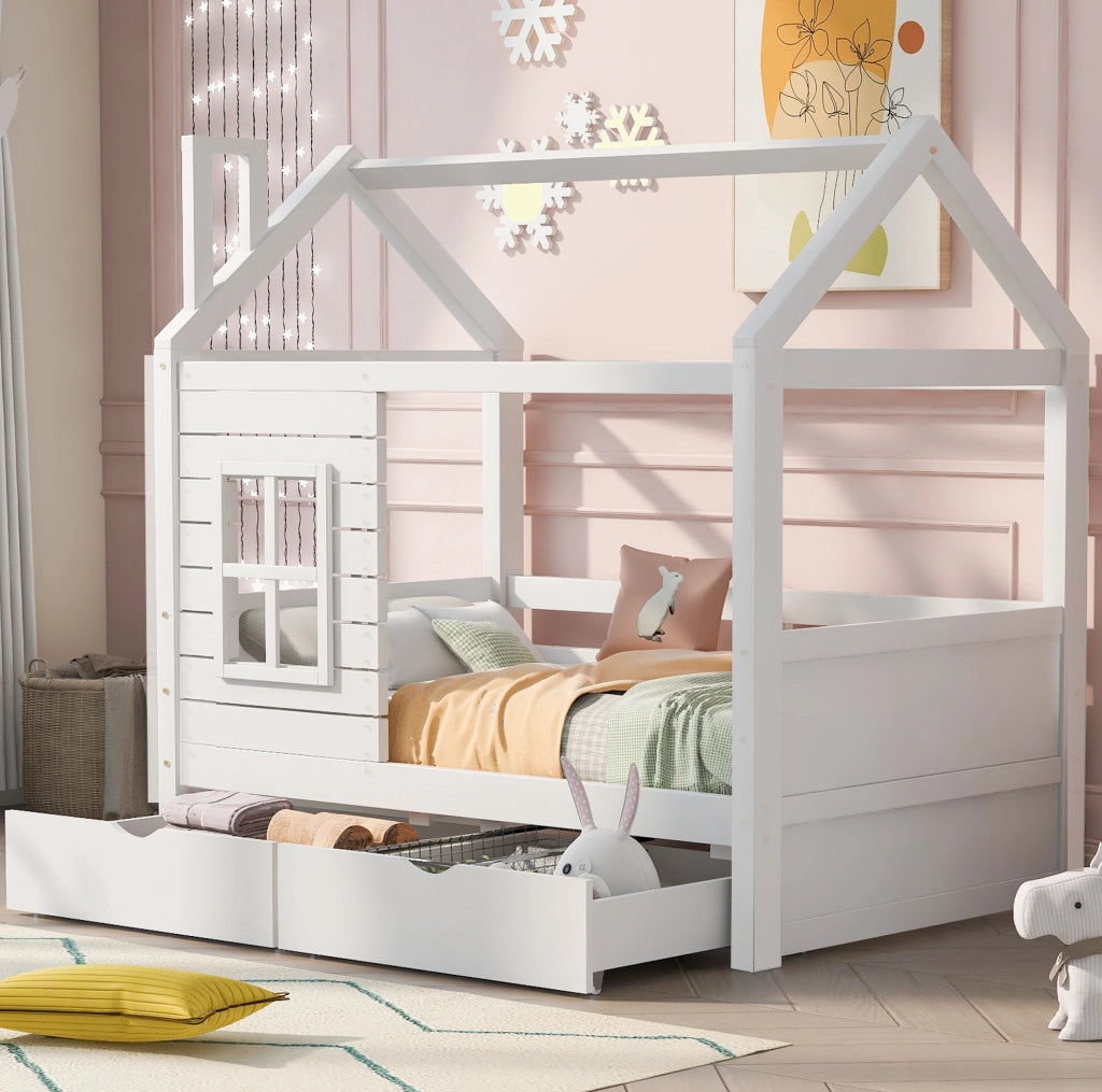 Letto per bambini a casetta 80x160 cm in legno massello di pino; bianco; con finestre e cassetti