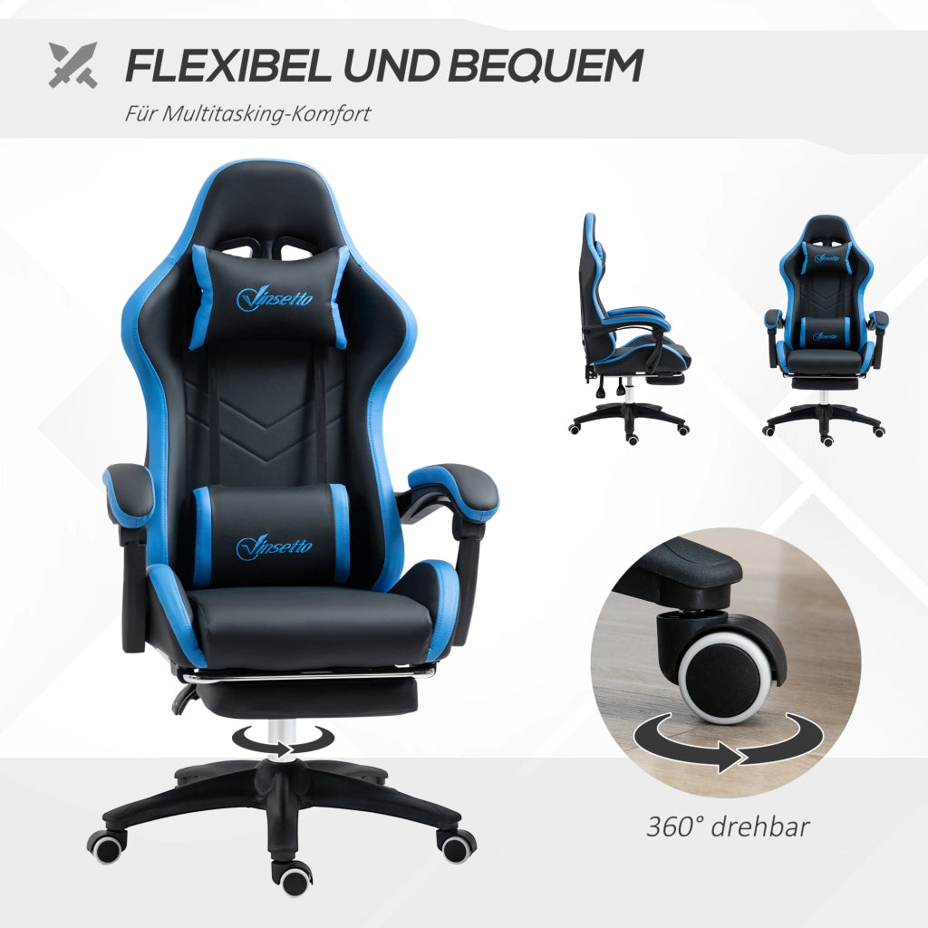 Sedia da ufficio gaming inclinabile con cuscino lombare, poggiapiedi e braccioli regolabili in similpelle nera