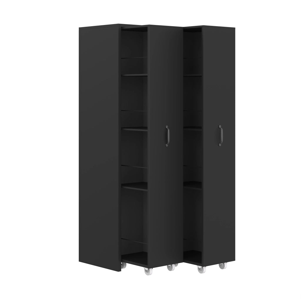 Libreria estensibile su ruote a 4 ripiani, MDF nero, moduli reversibili sinistra/destra, portata 20 kg per ripiano
