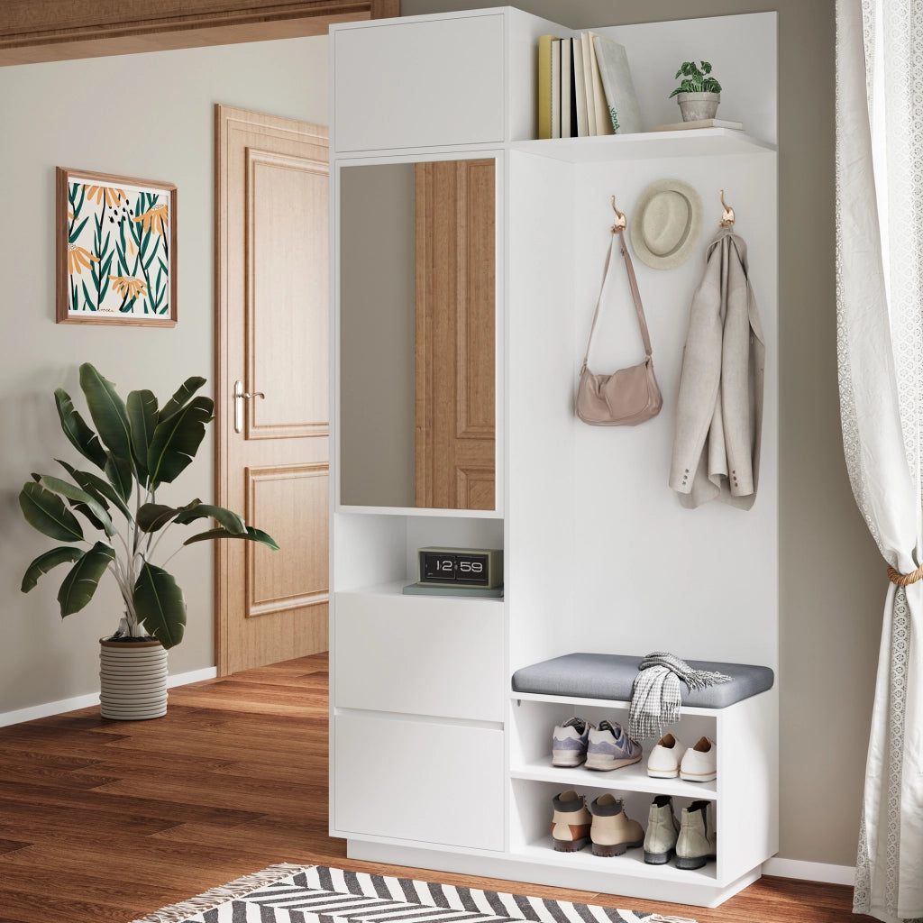 Set mobili da ingresso con armadio a specchio, panca portascarpe, cassetti e ganci, in MDF bianco
