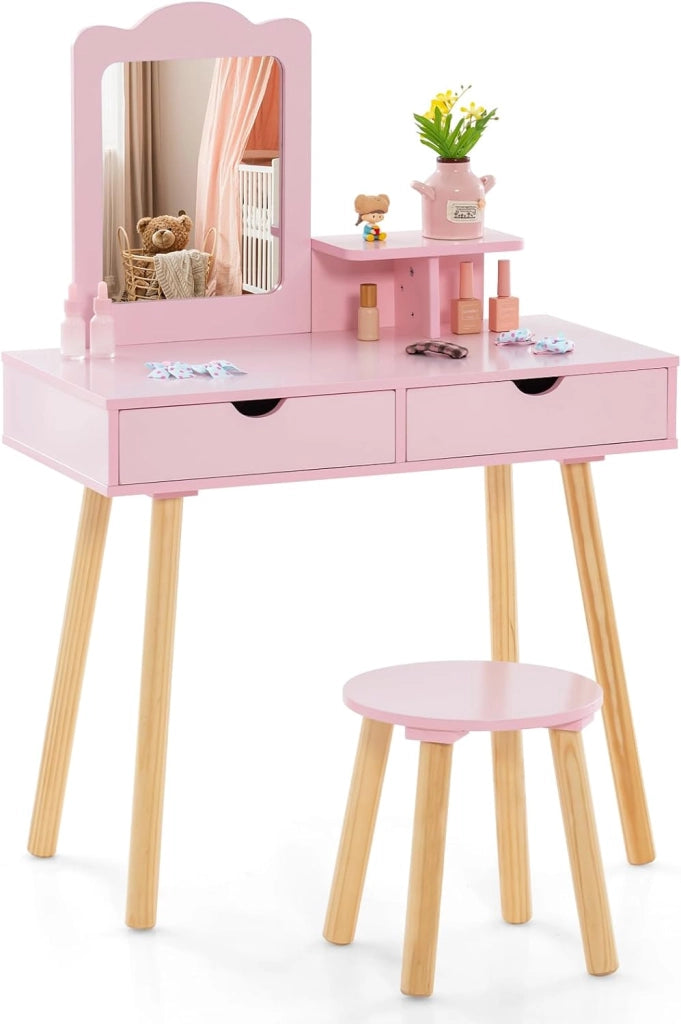 2 in 1 Set Toeletta per Bambini, Postazione Trucco in Legno con Sgabello, Specchio Rettangolare Staccabile e 2 Cassetti Capienti, Ideale per Bambini dai 3 ai 7 Anni, 70 x 37 x 100 cm