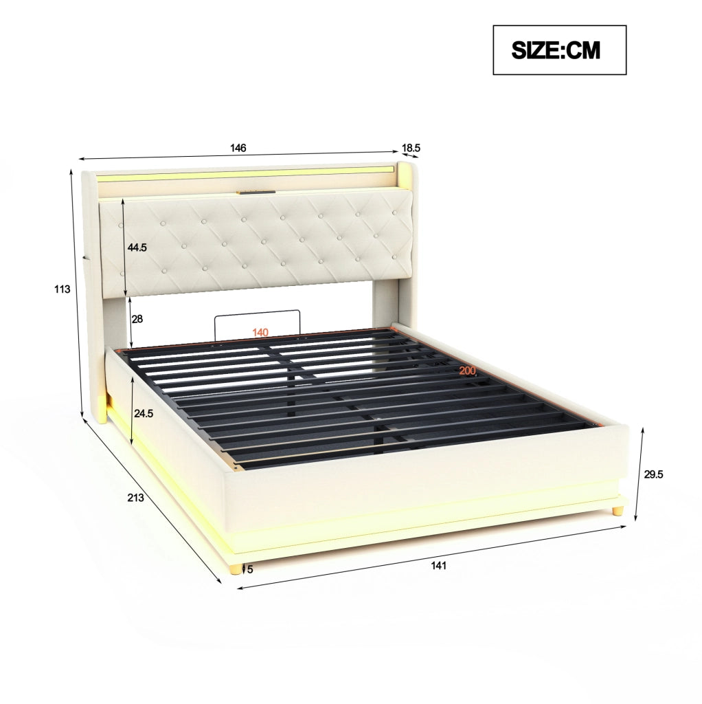 Letto imbottito LED 140x200 cm con porta USB; contenitore idraulico e tessuto effetto lino beige