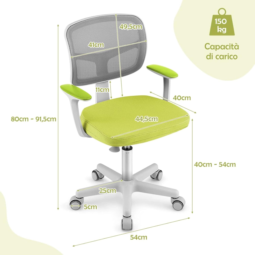 Sedia per Scrivania per Bambini, Sedia per Computer per Bambini con Altezza Regolabile, Ruote con Freni, Sedile Girevole a Rete, Sedia Ergonomica per Bambini 3-10 Anni (Verde)
