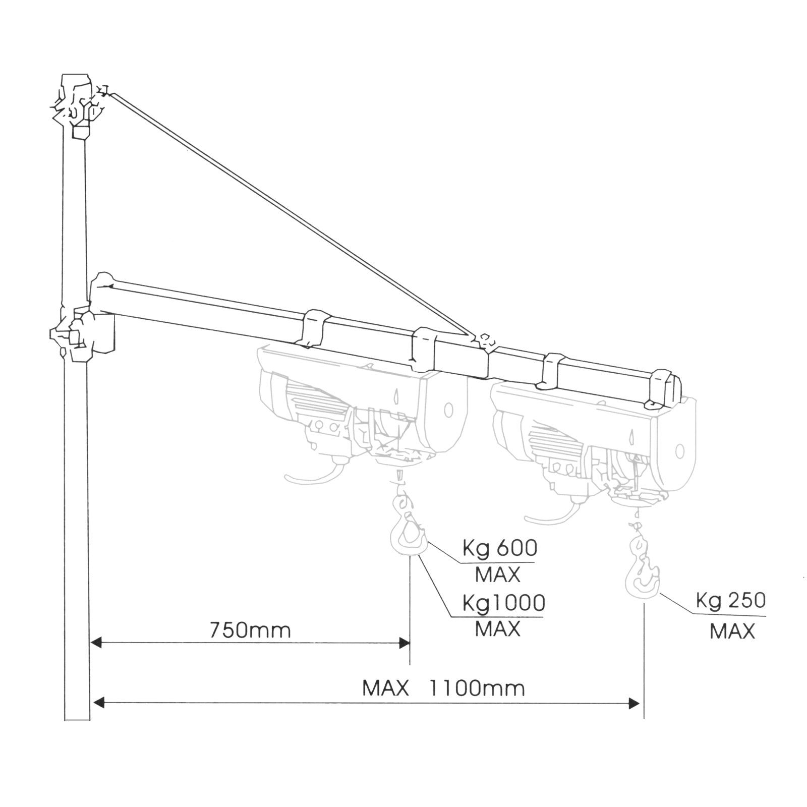 Supporto a bandiera per paranco 600kg 110cm braccio girevole