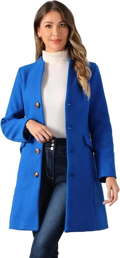 Giubbotto da donna con collo V e chiusura a singola riga di bottoni in blu scuro, capotto e taglia XS