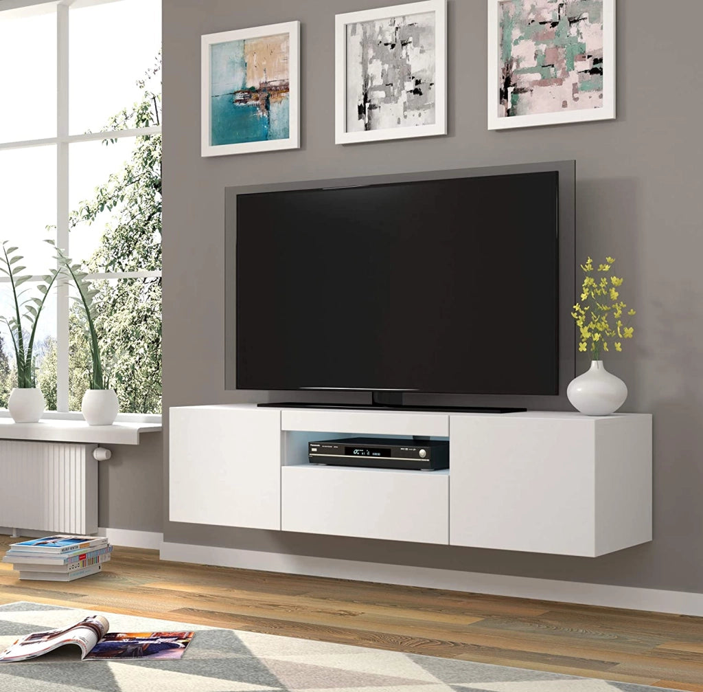 MOBILE TV PIANO TV SOSPESO O A TERRA BIANCO OPACO CON LED 150x37x42cm AURA