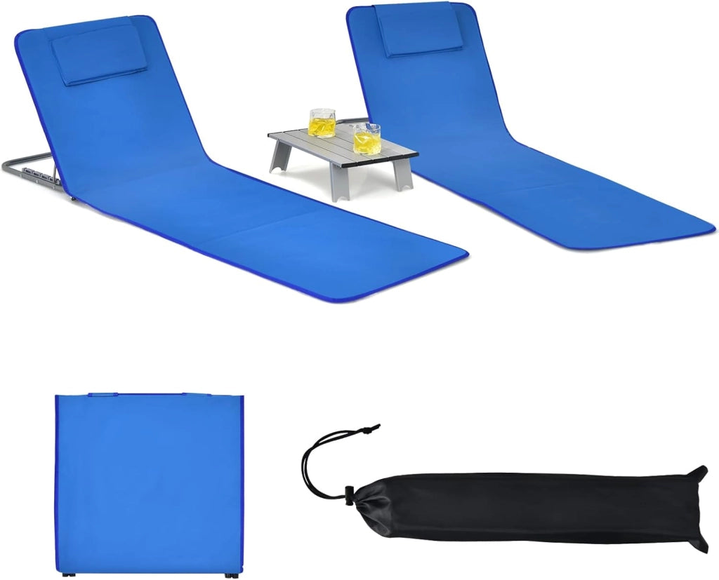 Set di 2 Lettini da Spiaggia con Tavolino, Stuoia Mare Imbottita Reclinabile in 5 Livelli Pieghevole, Tappetini da Spiaggia con Poggiatesta Rimovibile, Portabile con Tracolla, Blu