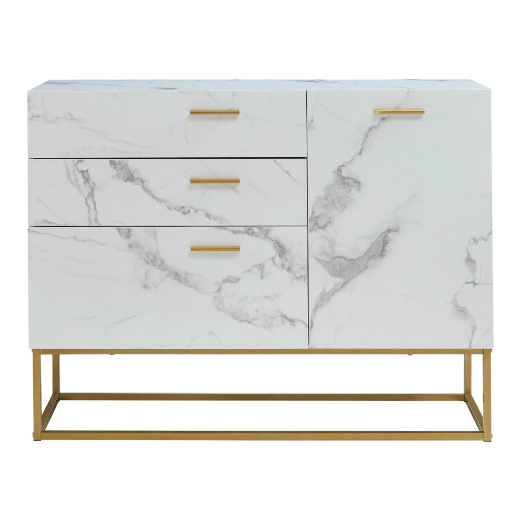 Comò Lavangen con Anta e 3 Cassetti 75 x 100 x 35 cm Dorato / Effetto Marmo Bianco [en.casa]