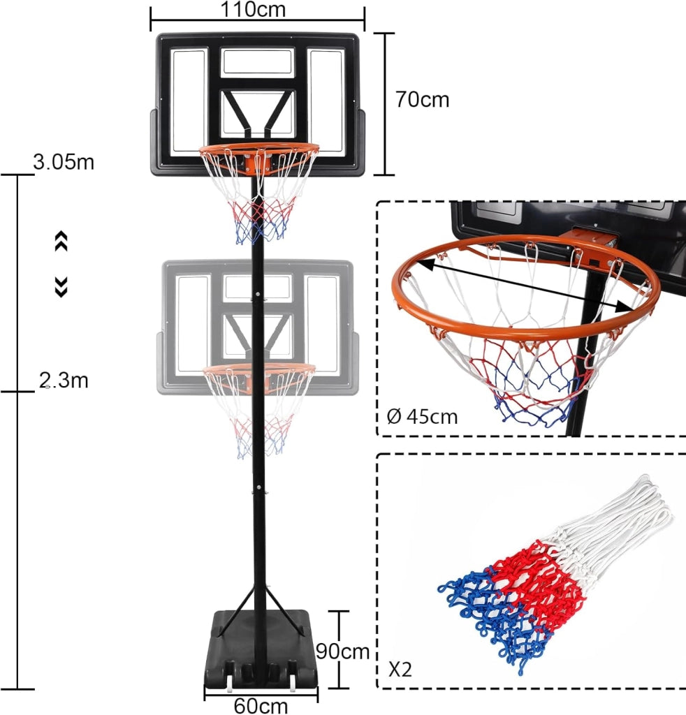Canestro da basket per esterni, regolabile in altezza, 230-305 cm, con ruote e supporto, per interni o esterni
