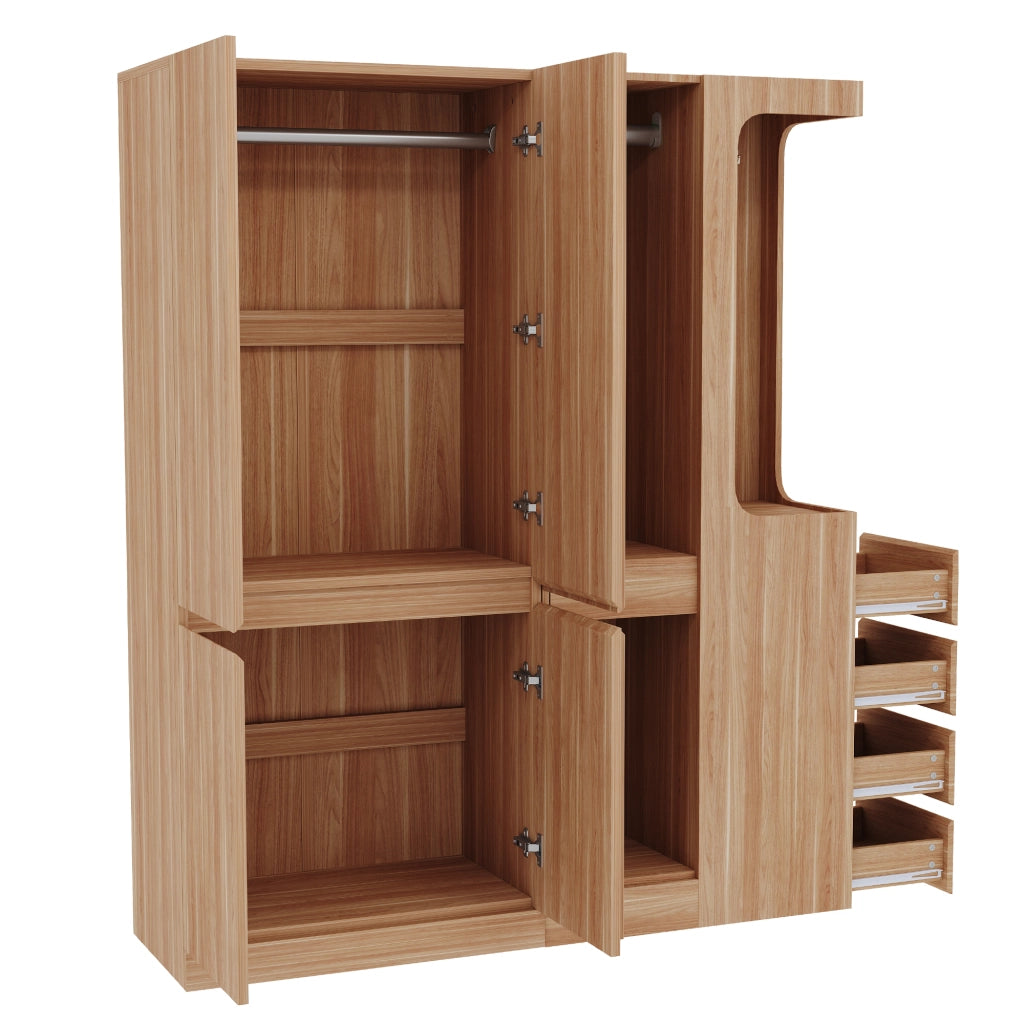 Armadio con 3 ante e 4 cassetti, area appendiabiti aperta e 3 vani contenitore, in legno, naturale 140 × 40 × 170 cm