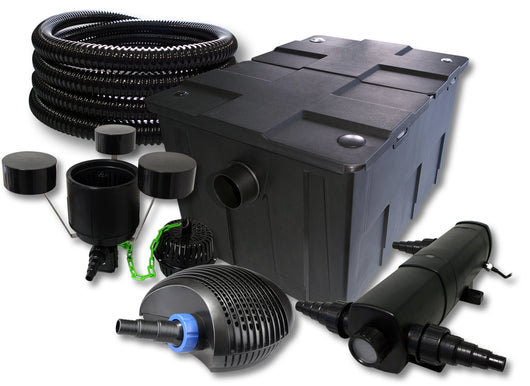Set filtro per laghetto da 60.000l Chiarificatore 18W Pompa ECO 40W Tubo 25m Skimmer