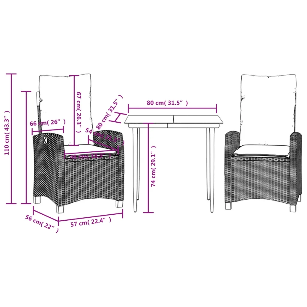 Set da Pranzo da Giardino 3 pz con Cuscini Nero in Polyrattan