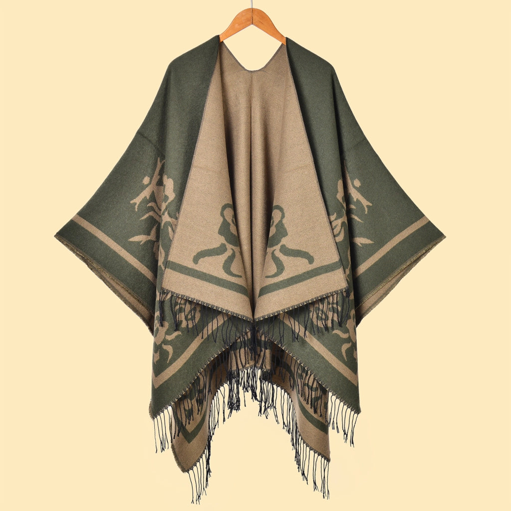 Mantella da donna con spacco diagonale e laccetti a pois color fango, con frange.