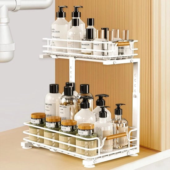 Organizzatore per cucina sotto lavandino - 2 piani - regolabile in altezza - bianco - metallo