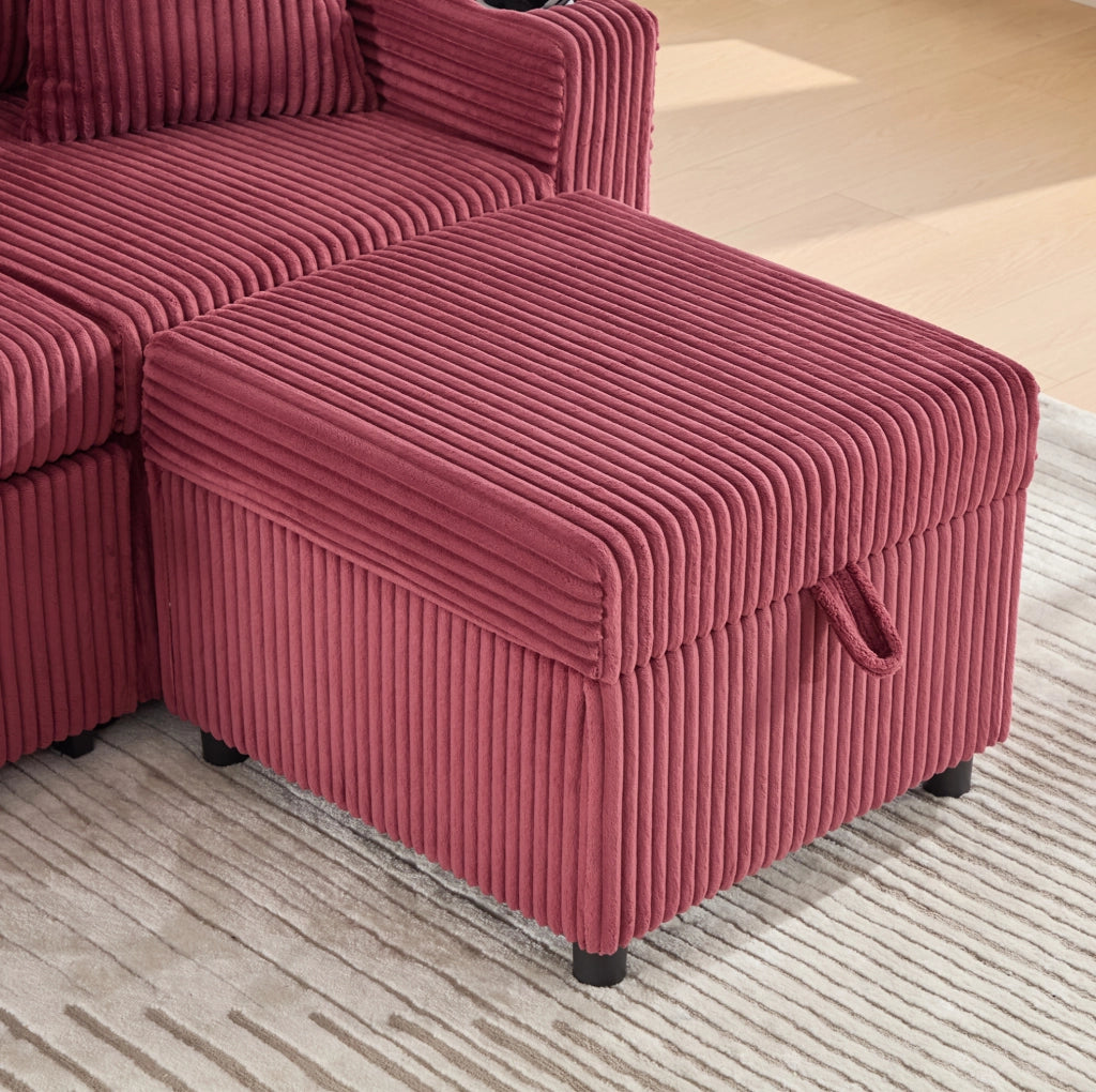 Divano letto 196x82-144x85 cm con contenitore; USB-C; LED e braccioli con portabicchieri in corduroy vinaccia