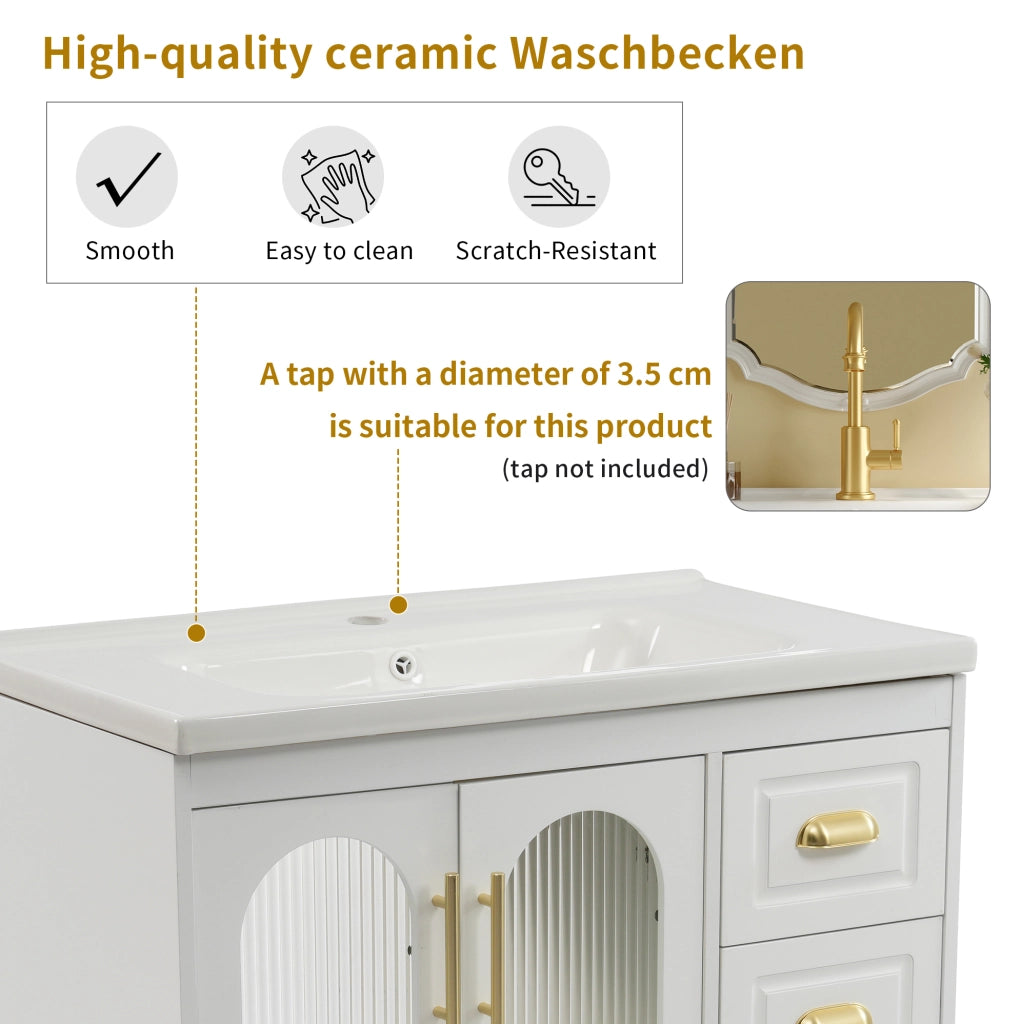 Mobile bagno con lavabo 80 cm in MDF bianco con lavabo in porcellana e 3 cassetti