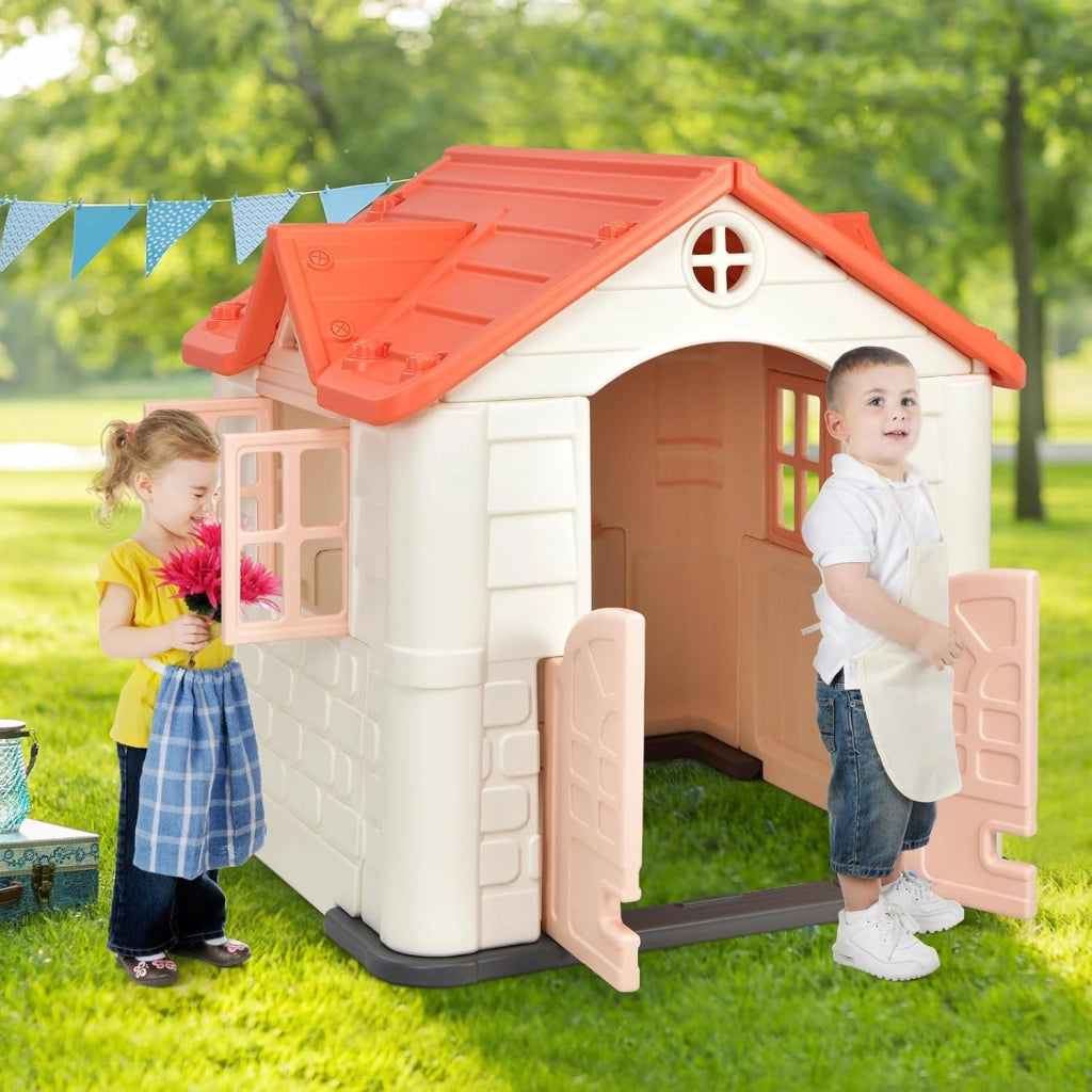 Casetta per Bambini con Porte e Finestre, Casetta Giocattolo con Tavolo, Set Giocattolo con 7 Pezzi, Ideale per Bambini 3-8 Anni, 164x124x132 cm (Rosa)