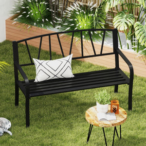 Panchina moderna con doghe con braccioli curvi e schienale minimalista, Panca metallica da patio da 128 cm Nero-Panchine