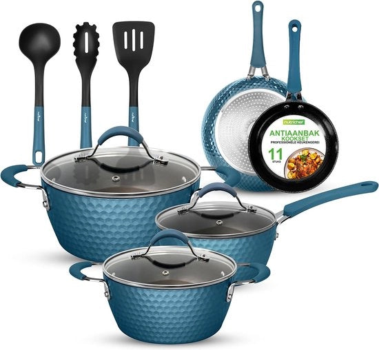 Set di Pannini elettrico in induzione, 11 pezzi - Cottura antiaderente con rivestimento ceramico - Manici ergonomici - Incluso Steelpan, padella da brasatura, padella grande e piccola da pancake - Blu