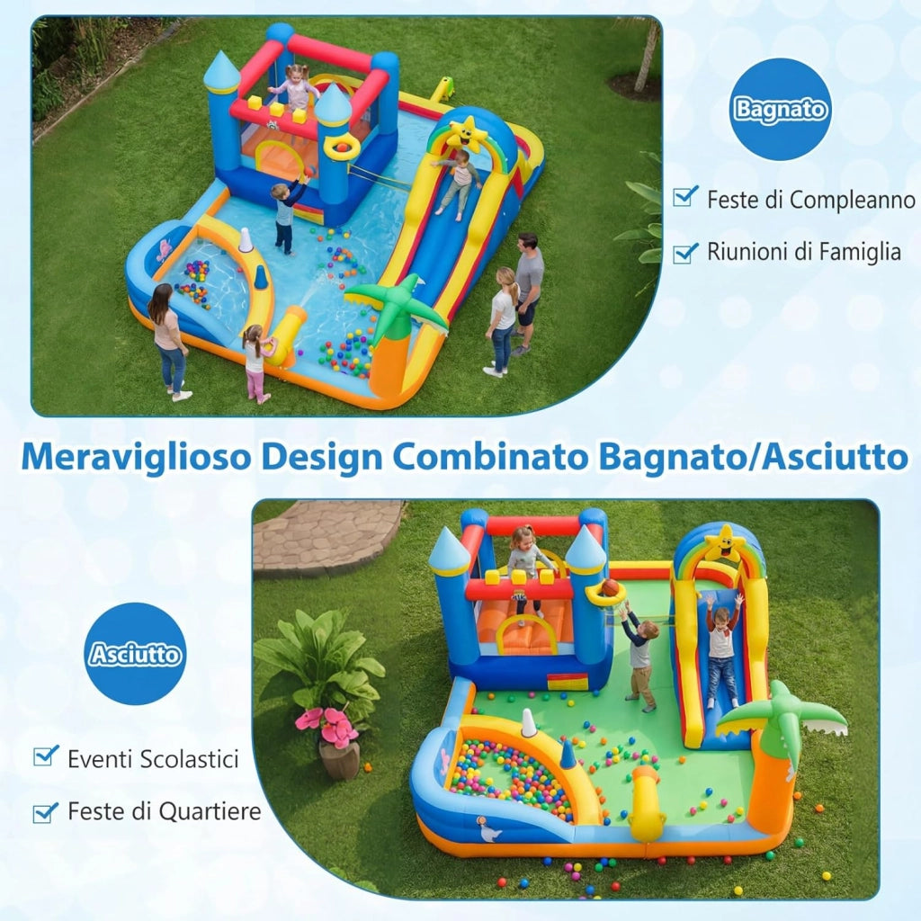 Castello Gonfiabile per Bambini, Grande Parco Acquatico per Bambini con Piscina, Scivolo, Parete d'Arrampicata, Palline Oceaniche e Gioco degli Anelli, per Bambini 3-12 Anni