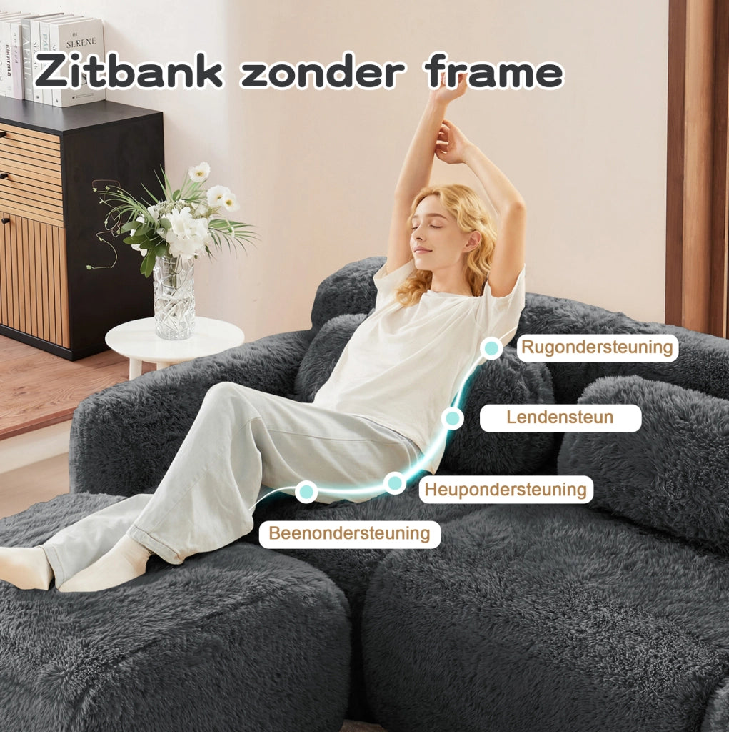 Divano 2 posti in tessuto plush grigio, design modulare senza telaio, con cuscini e base antiscivolo