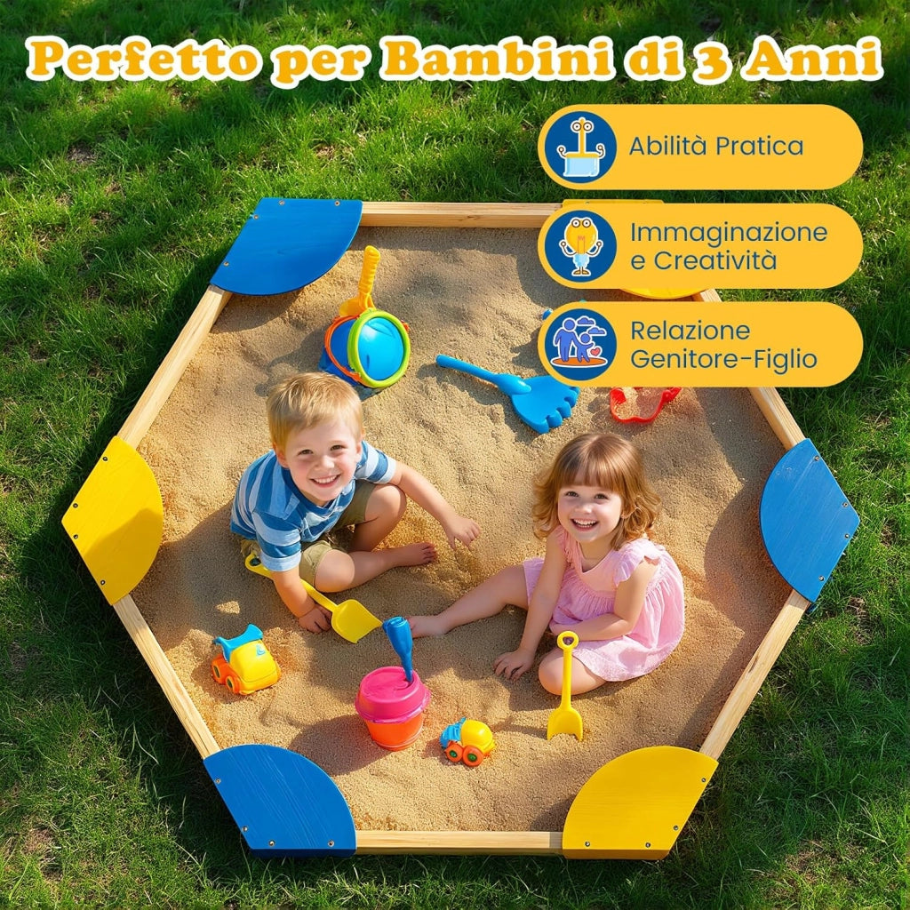 Sabbiera in Legno per Bambini, Combo Piscina di Sabbia e Fioriera Aperta con 6 Sedili per Giardino, 140 x 122 x 14 cm, per Bambini 3 Anni+