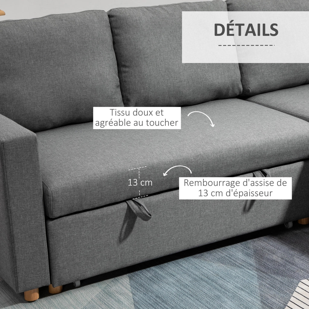 Divano Angolare Letto 3 Posti con Meridienne Reversibile e Contenitore ¨C Zephmum ¨C Tessuto Grigio
