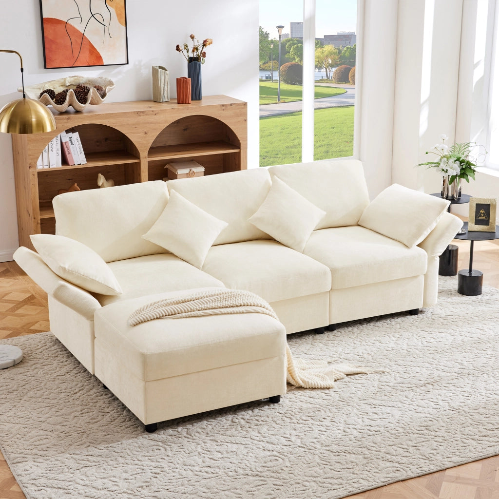 Divano angolare modulare con pouf, 4 cuscini e braccioli regolabili, in ciniglia beige 218 × 156,5 × 86 cm